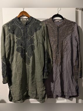 2 Soft Surroundings Embroidered Tunic Tops in Olive Green and Slate